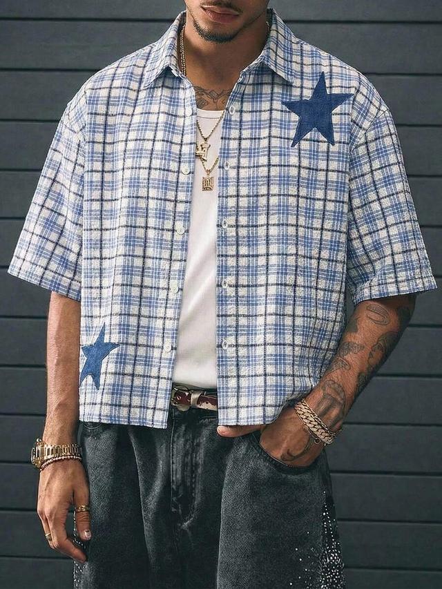 casual plaid and star print short sleeve shirt