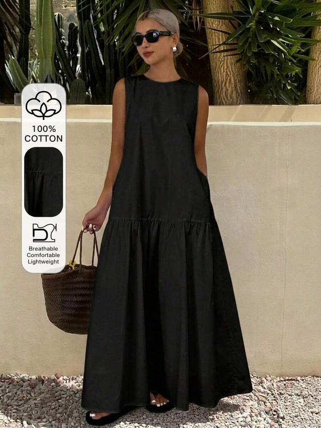 dazy women's solid black round neck sleeveless drop waist dress