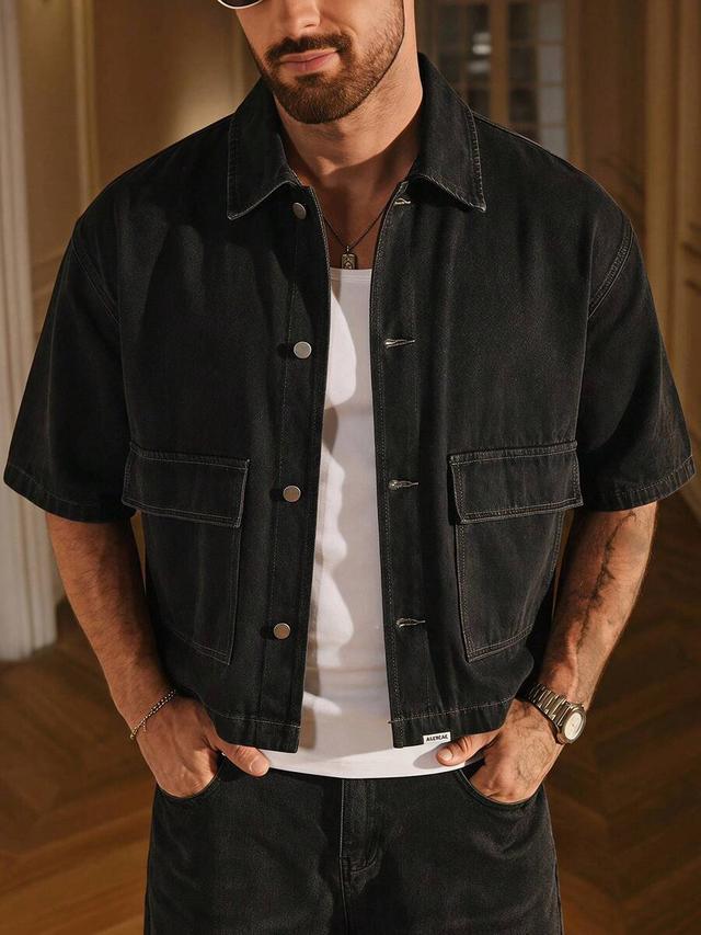 washed black denim short sleeve casual shirt