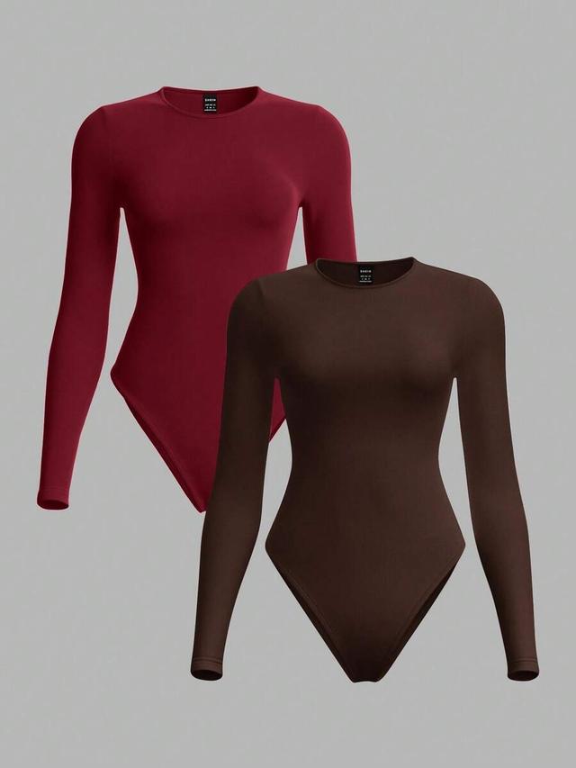 brown crew neck long sleeve knit bodysuit