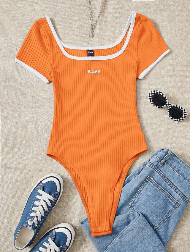 orange ribbed square neck short sleeve bodysuit