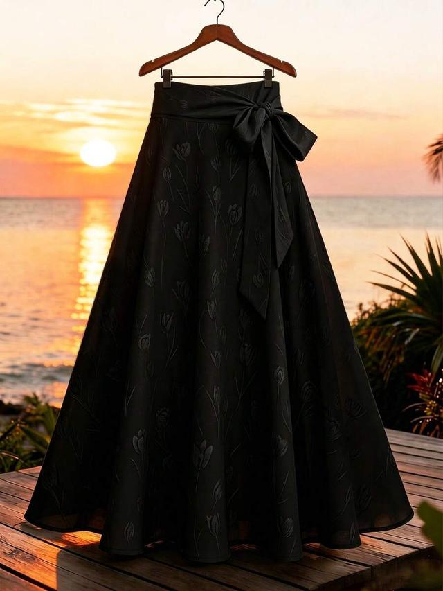 black floral jacquard high waist flared midi skirt