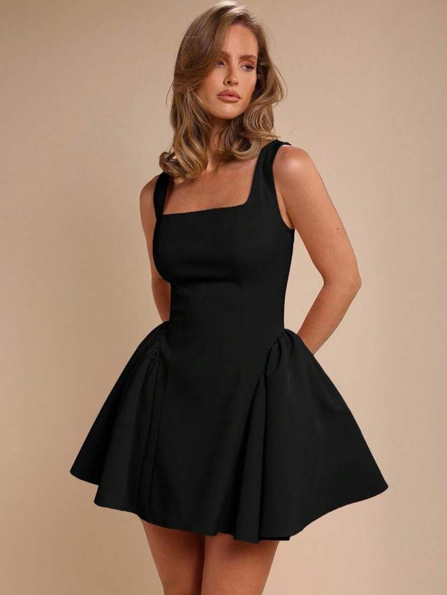 cosmina black square neck sleeveless ruffle hem mini dress