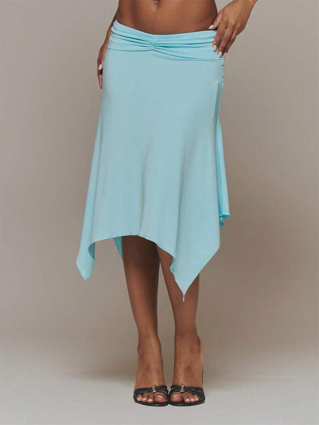 blue slinky ruched front draped hanky hem midi skirt