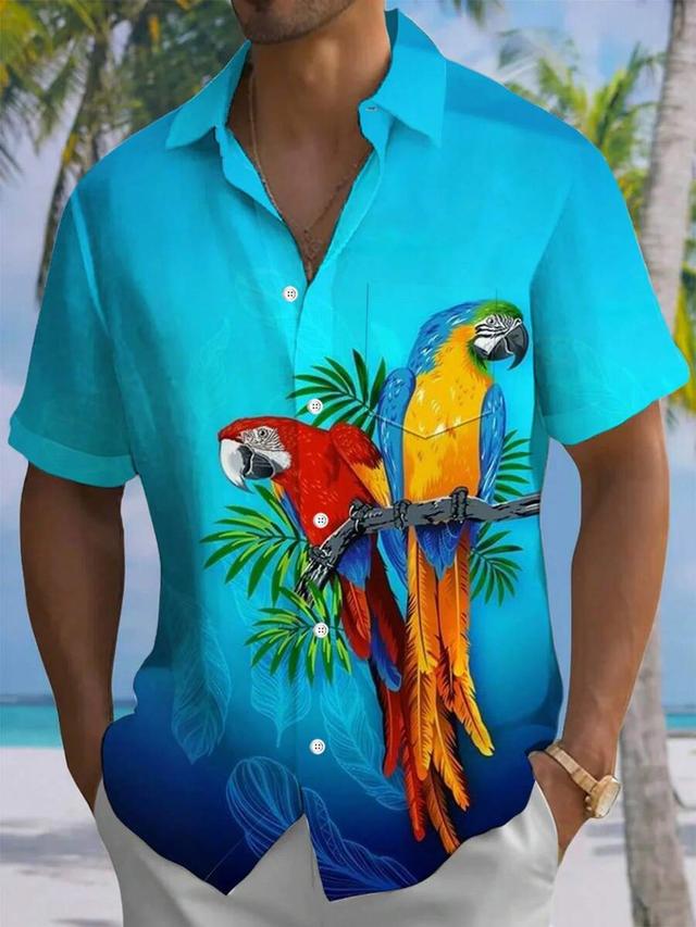 hawaiian parrot print men's button-down vacation short sleeve shirt