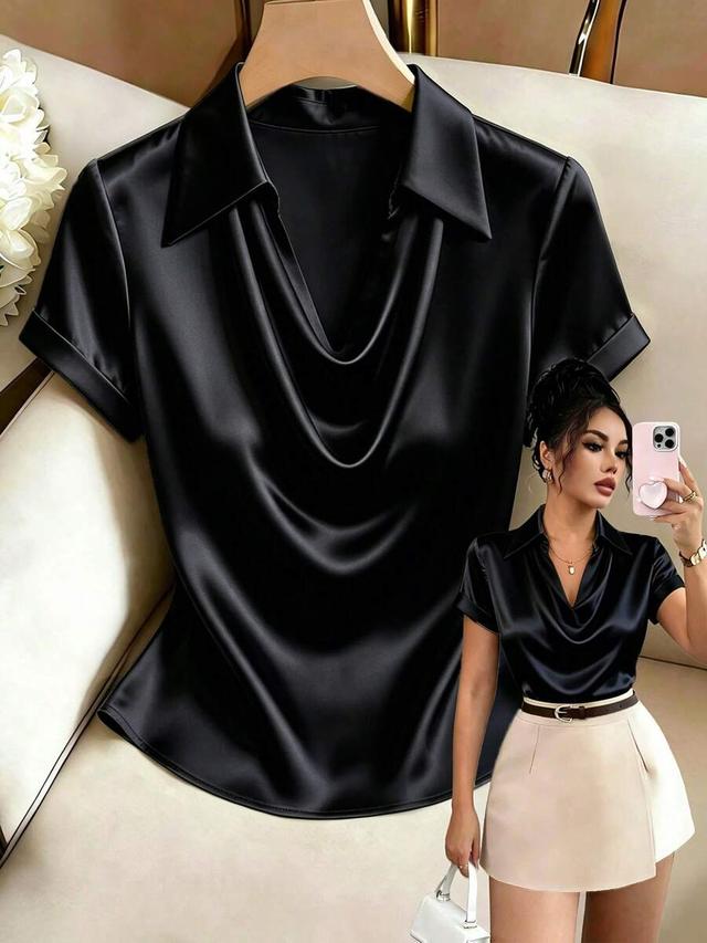 elegant solid black satin short sleeve blouse