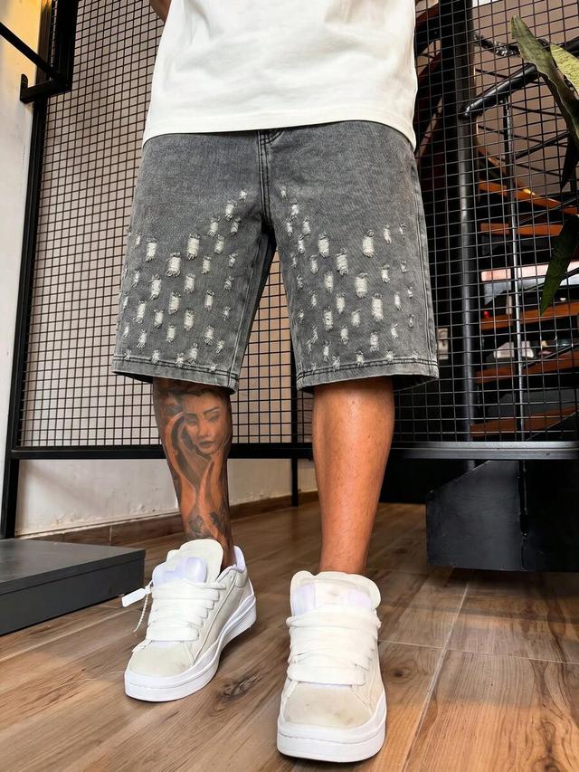 distressed grey denim straight leg shorts