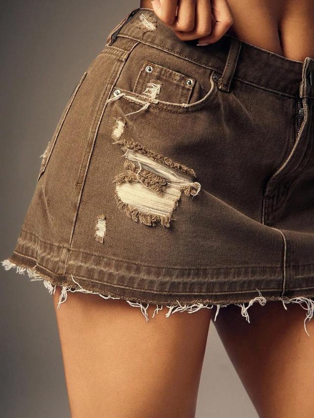 brown distressed denim mini skirt