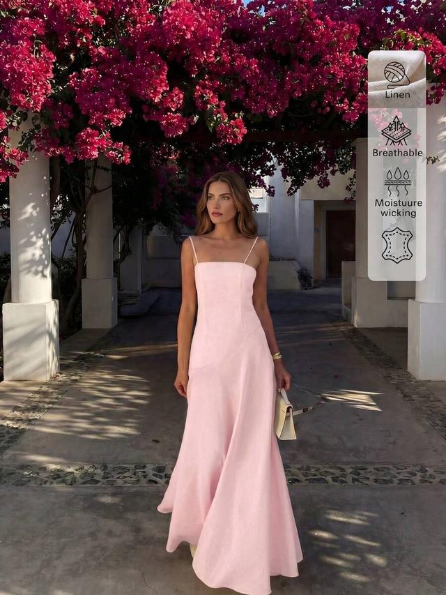 solid pink linen spaghetti strap vacation dress