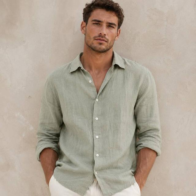 mens sage green linen long sleeve button down shirt