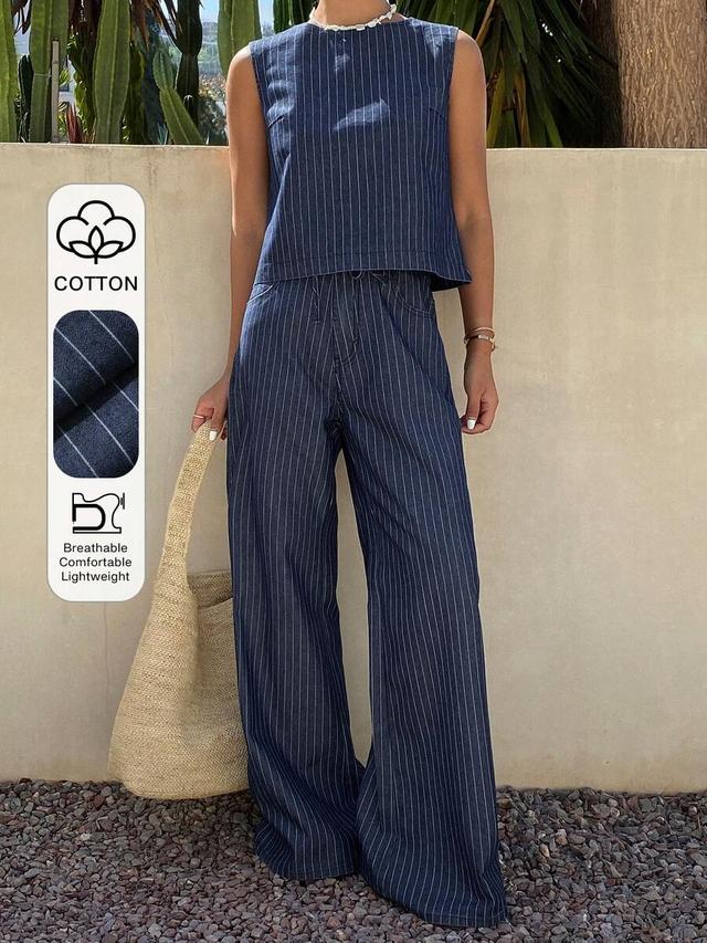 navy pinstripe sleeveless top and matching wide-leg trousers