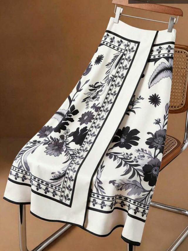elegant beige floral print wrap-style a-line skirt