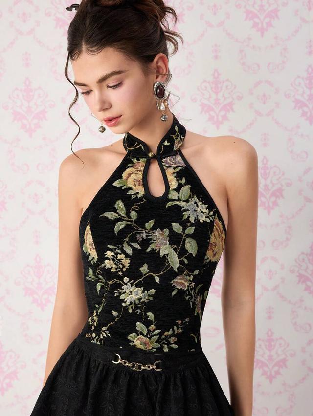 vintage floral jacquard qipao halter backless top