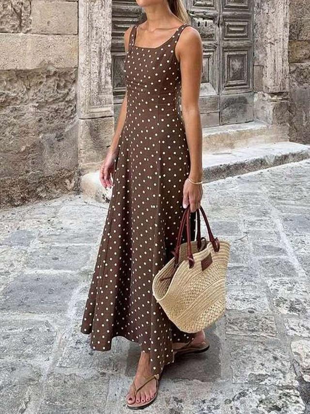 brown base white polka dot sleeveless a-line maxi dress