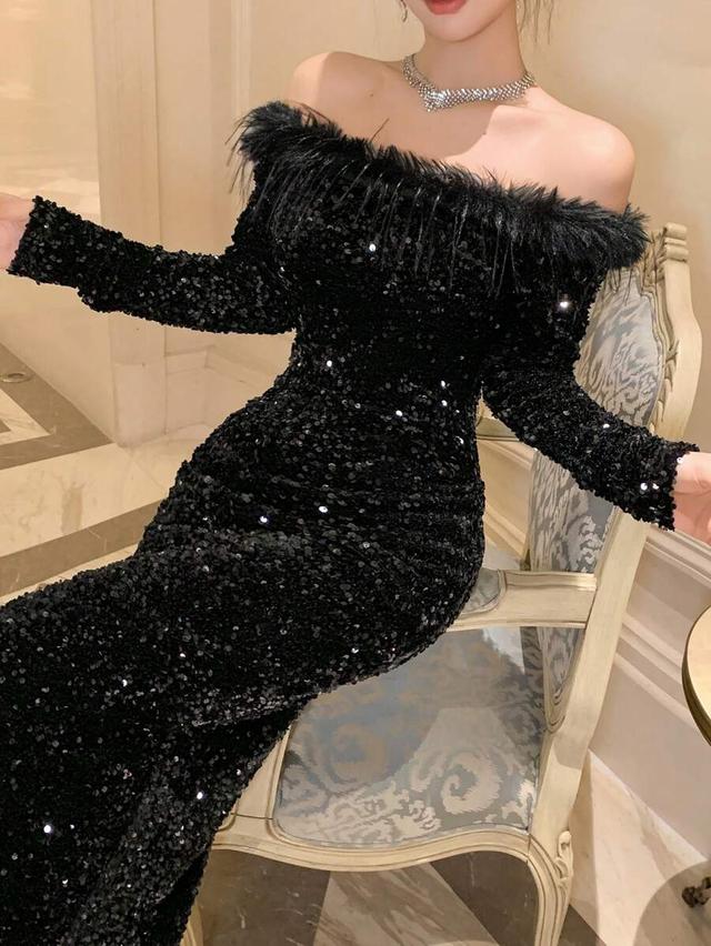elegant black sequin off-the-shoulder long evening dress