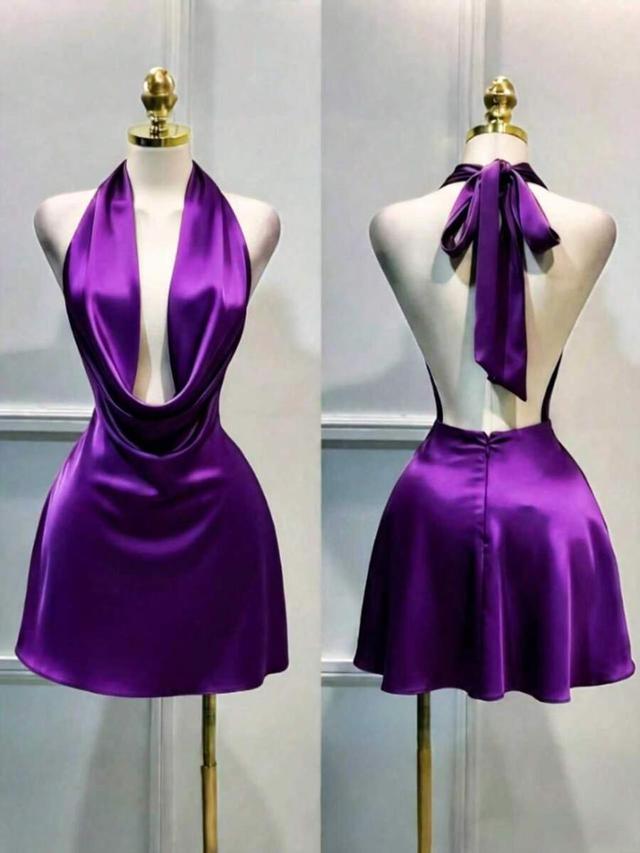 purple satin backless mini halter dress