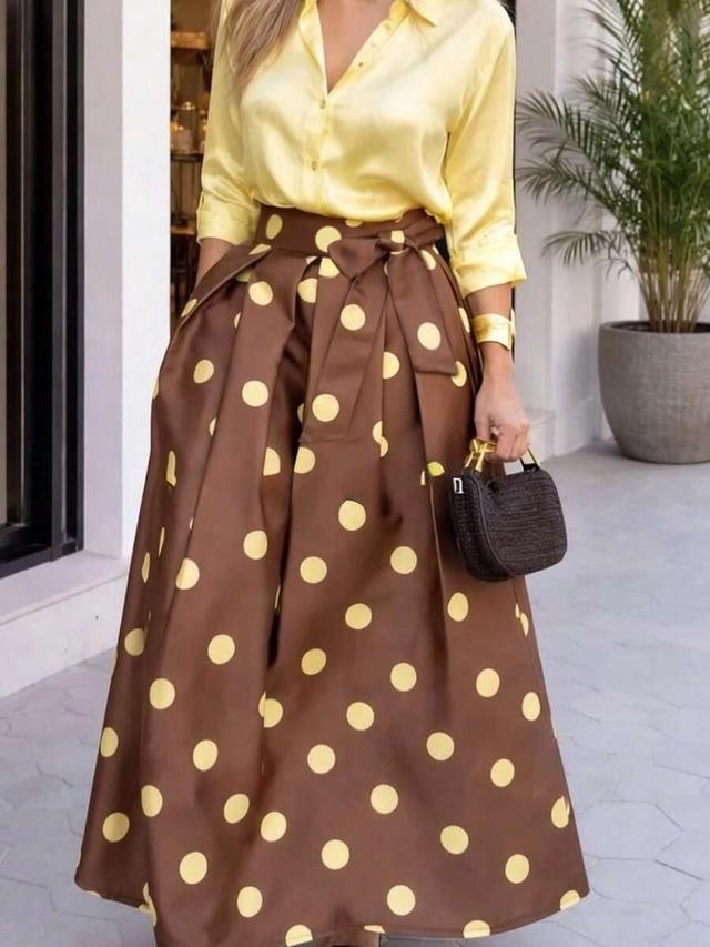 brown polka dot pleated midi skirt
