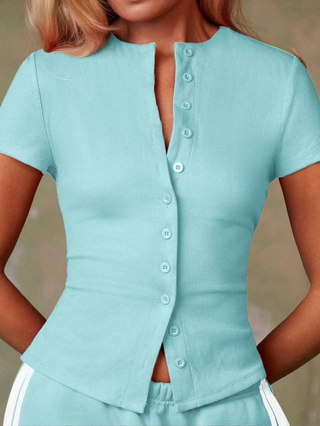 teal ribbed short sleeve button-down casual top