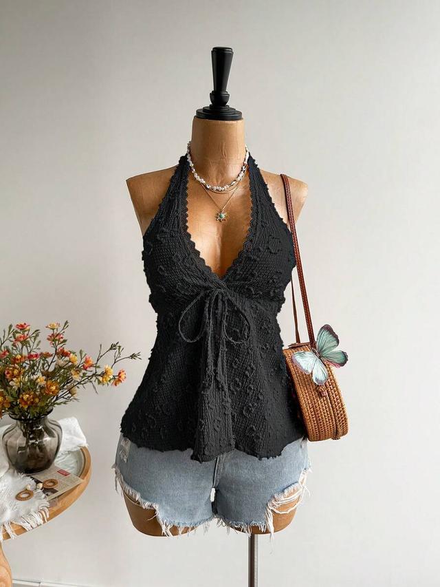 women's black textured bohemian halter top