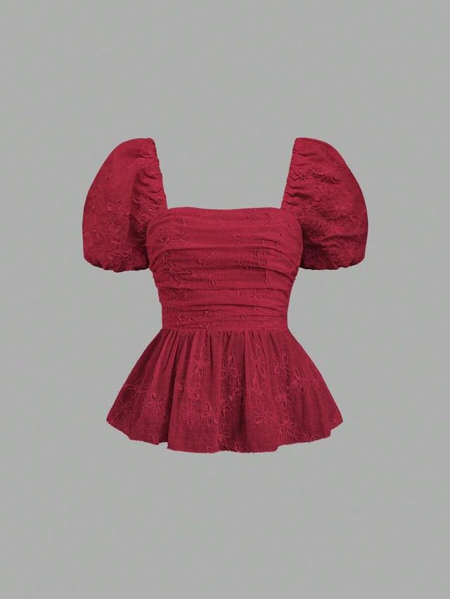 burgundy floral embroidered pleated peplum blouse