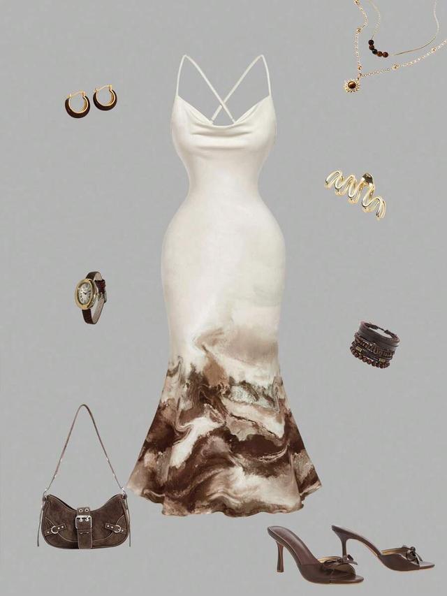 brown and white marble print cowl neck fishtail dress