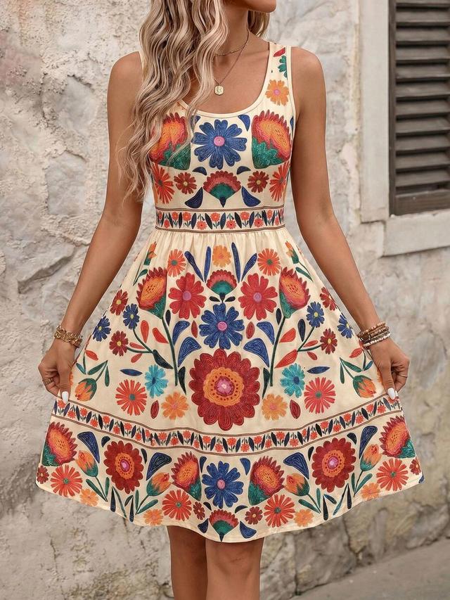 beige floral print sleeveless cottagecore summer dress