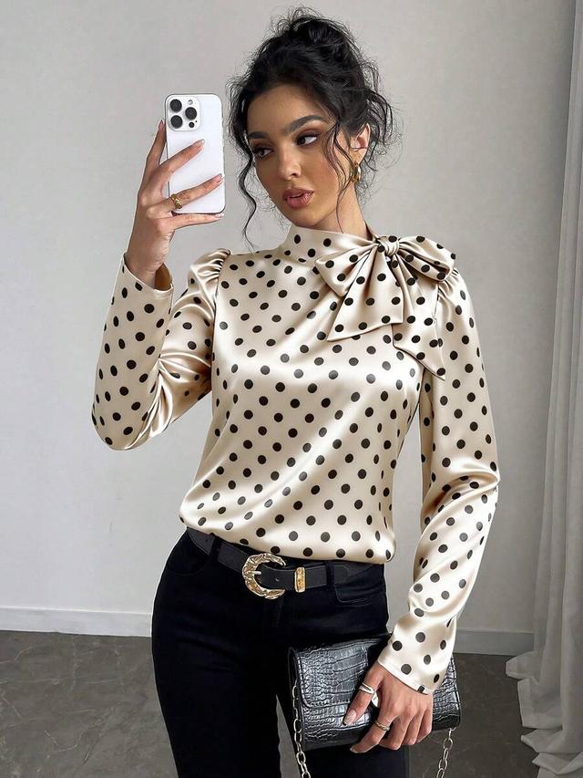 polka dot satin tie collar puff sleeve blouse