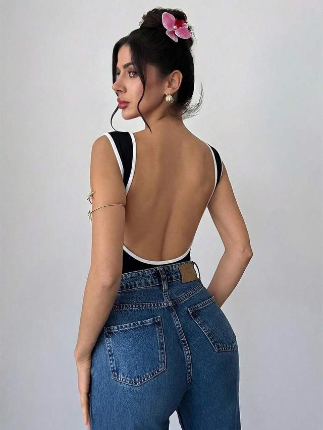 black and white contrast trim scoop back bodysuit