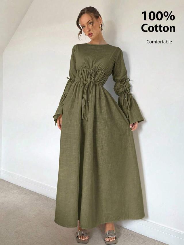 olive green pleated tie waist lantern sleeve maxi dress