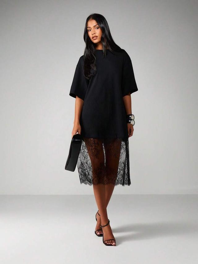 black cotton t-shirt dress with lace hem