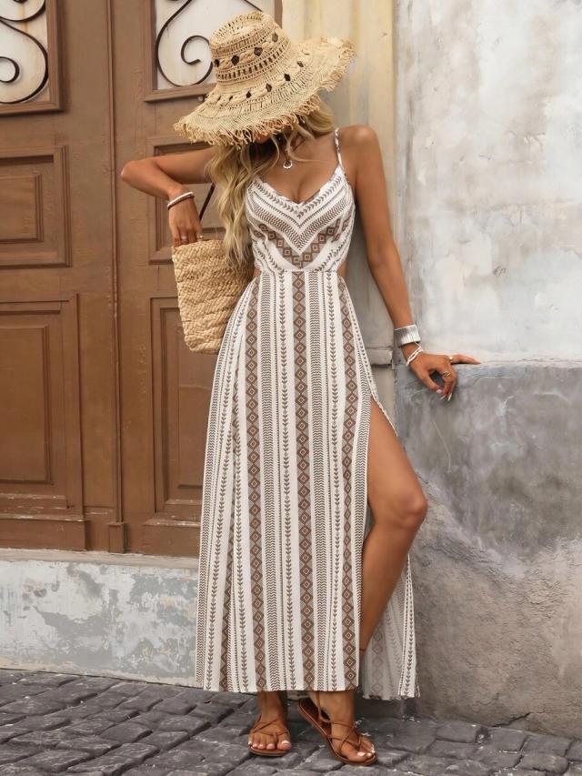 boho tropical print white spaghetti strap maxi dress