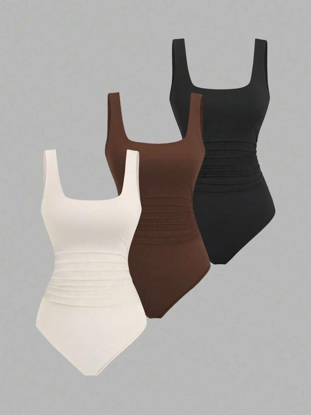 white pleated casual square neck bodysuit