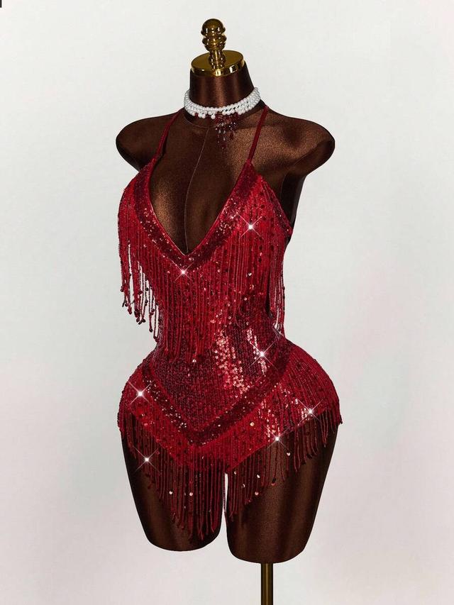 red sequin fringe bodysuit