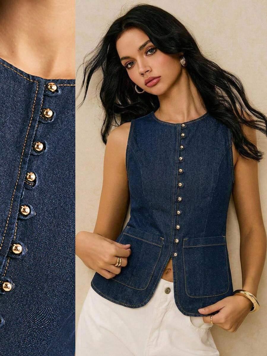 navy blue sleeveless denim vest top