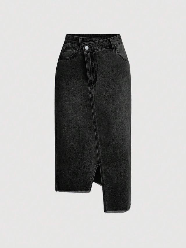 black denim midi skirt with asymmetric crossover waist