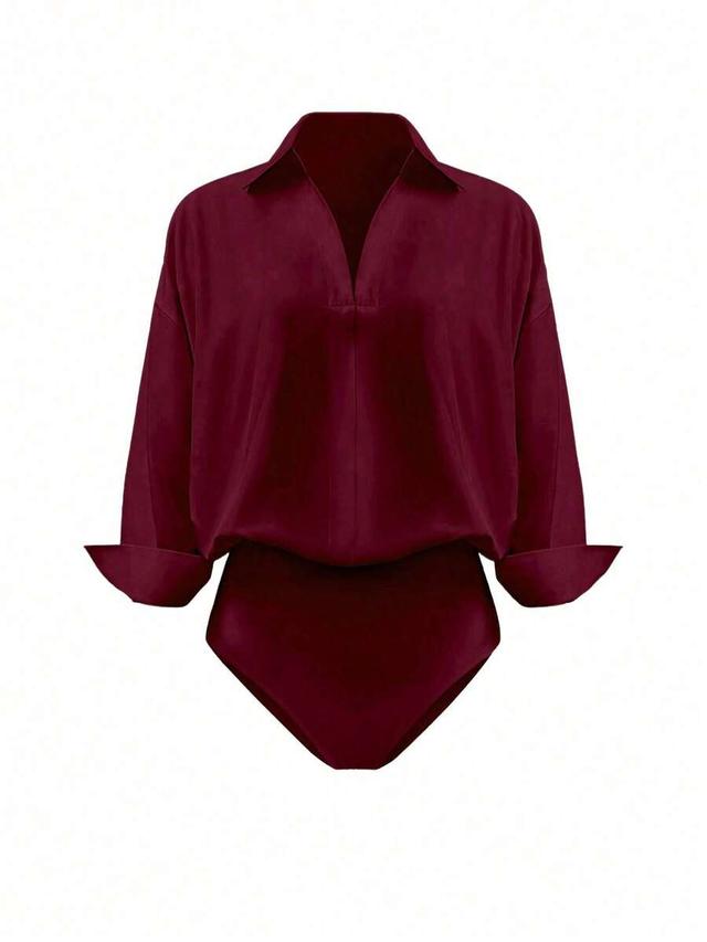 burgundy solid color lapel 3/4 sleeve bodysuit