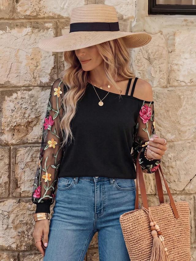 black oblique shoulder floral embroidered mesh contrast blouse