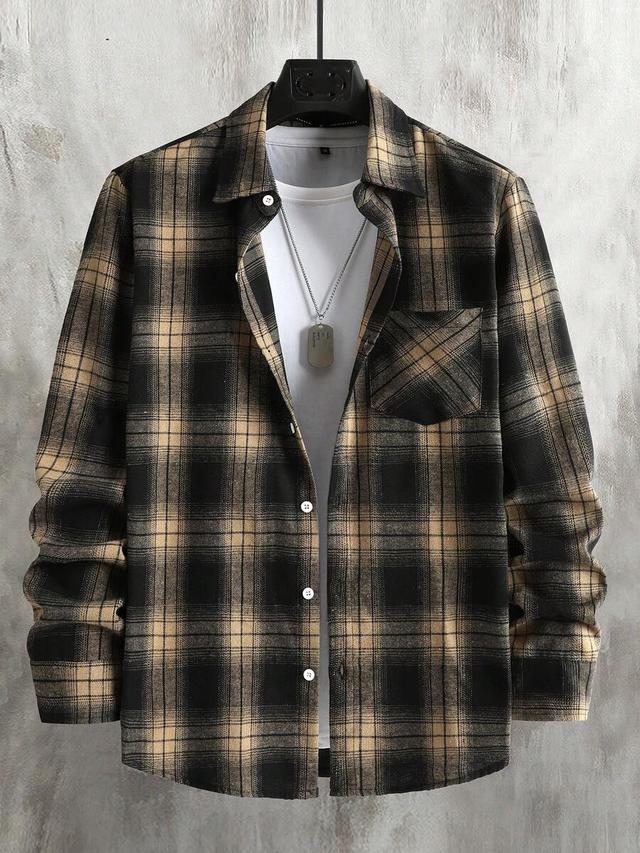 black and khaki plaid long sleeve casual shirt