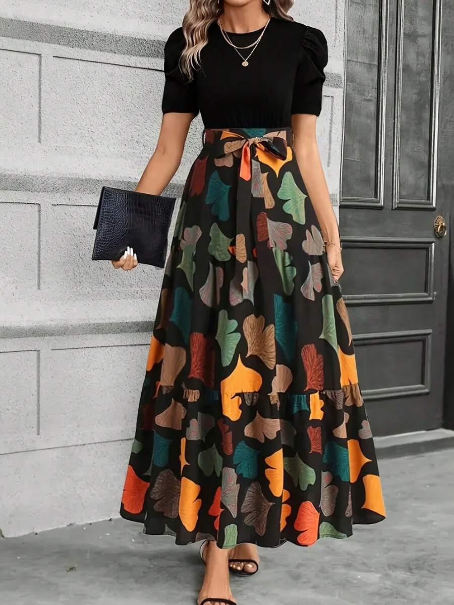 elegant a-line midi dress with puff sleeves and bow