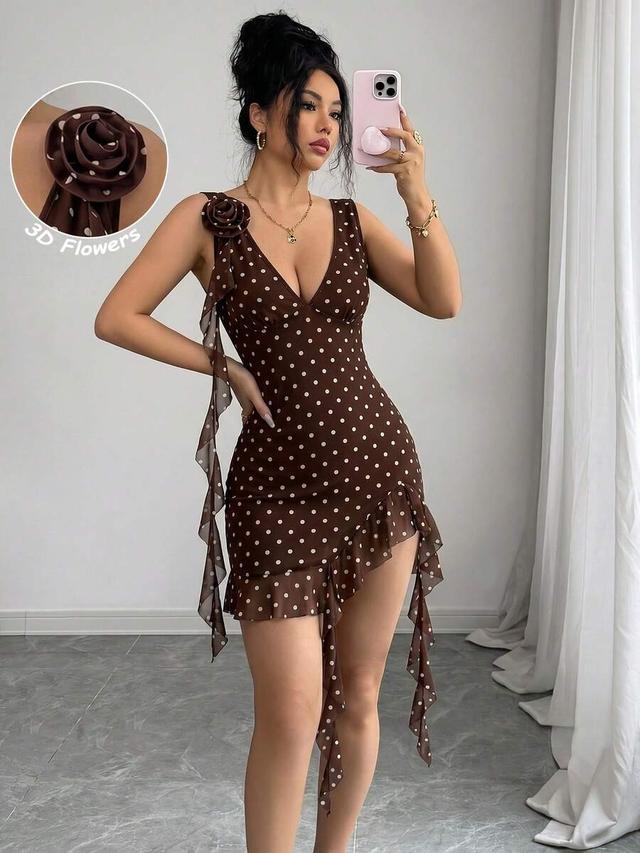 brown and white polka dot ruffle mini dress