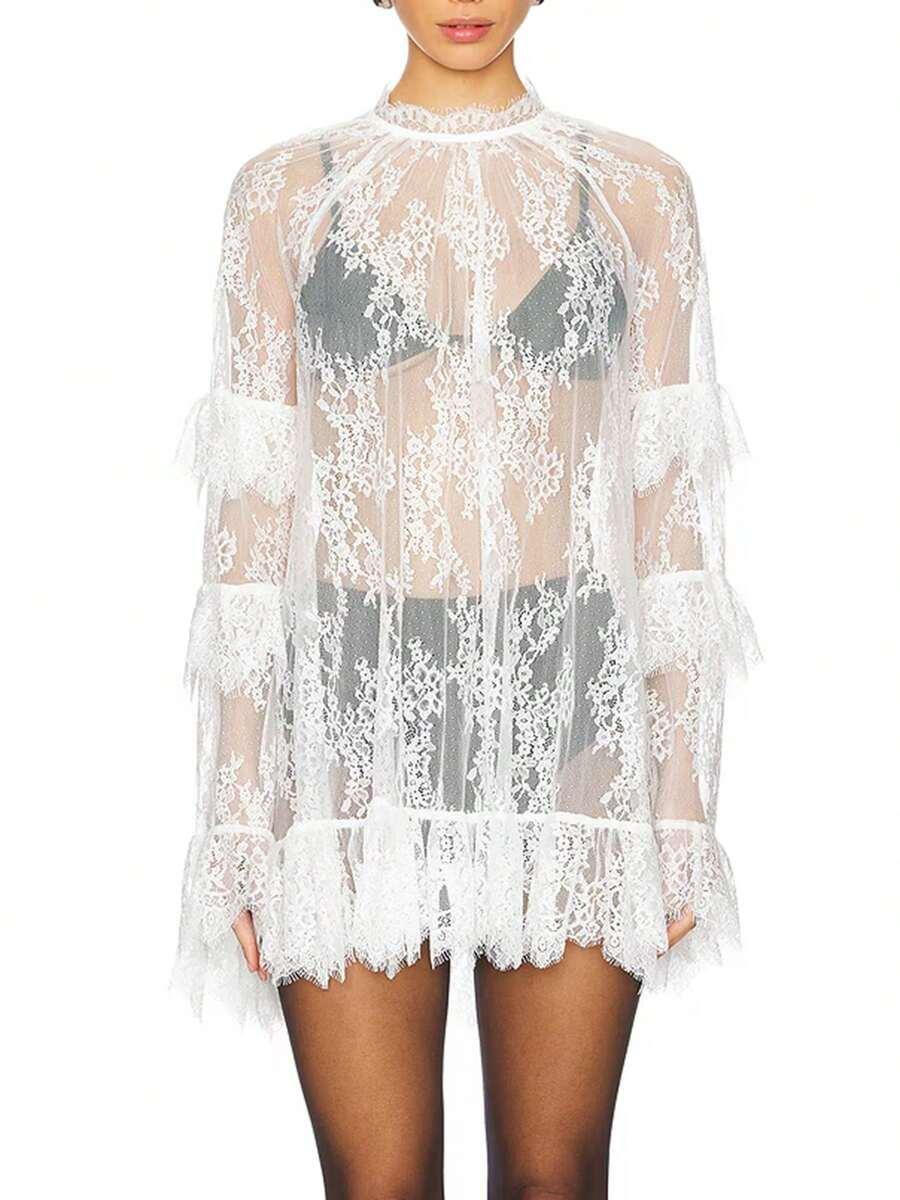 white sheer lace long sleeve crew neck mini dress