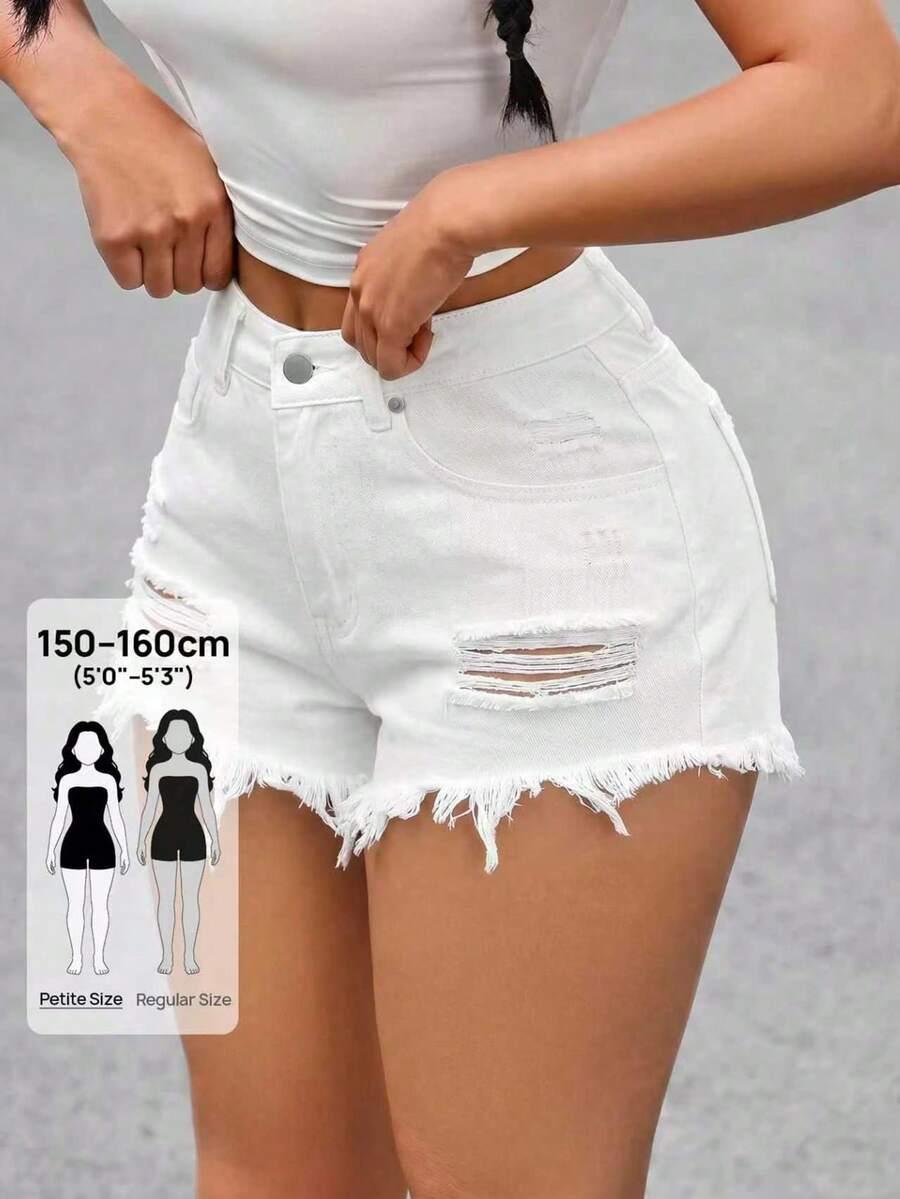 white distressed washed denim shorts with raw hem