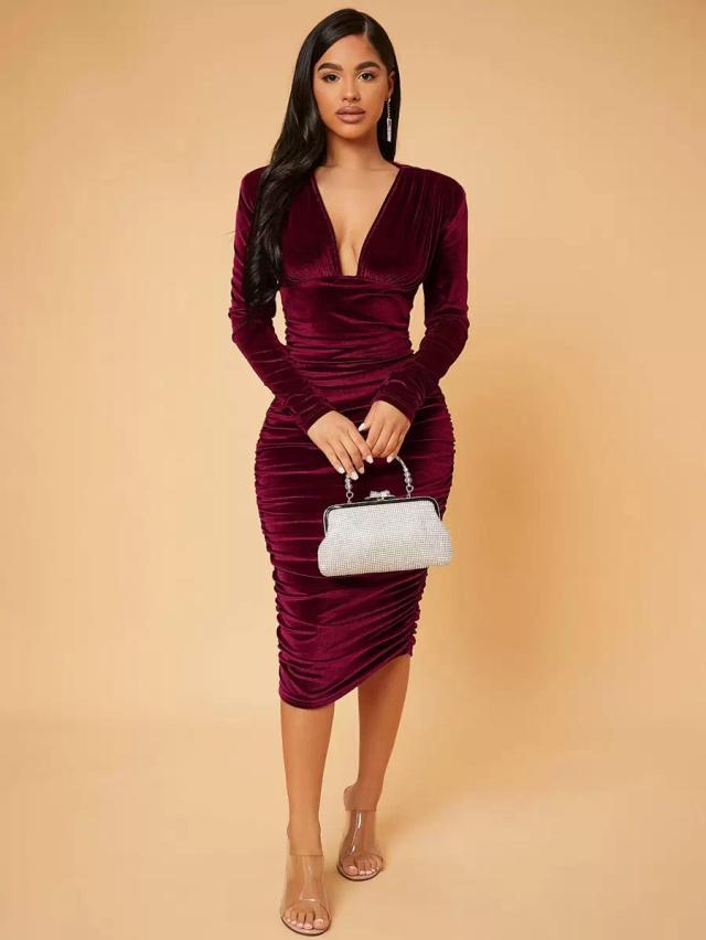 deep v neck ruched velvet bodycon dress