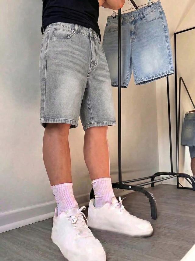 light blue men's summer casual grey non-stretch denim shorts