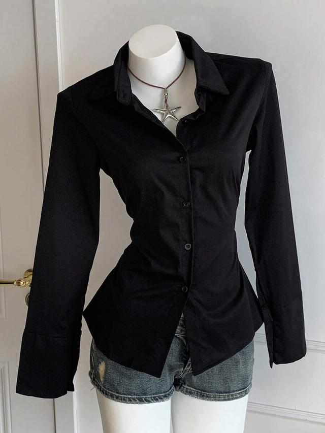 black casual waist cinched shirt with side folds