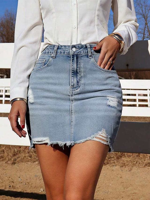 women's pocketed distressed hem denim mini skirt