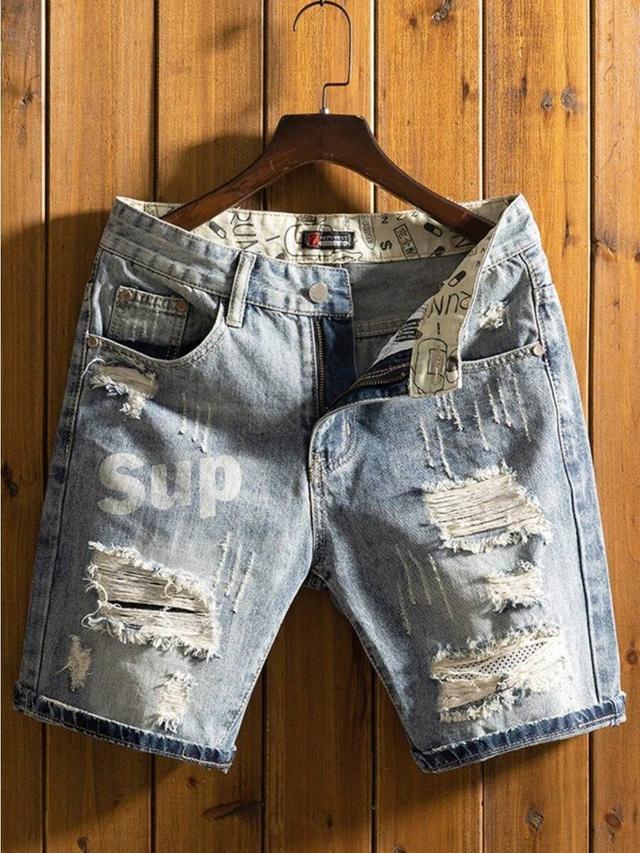 light-wash distressed denim five-point shorts