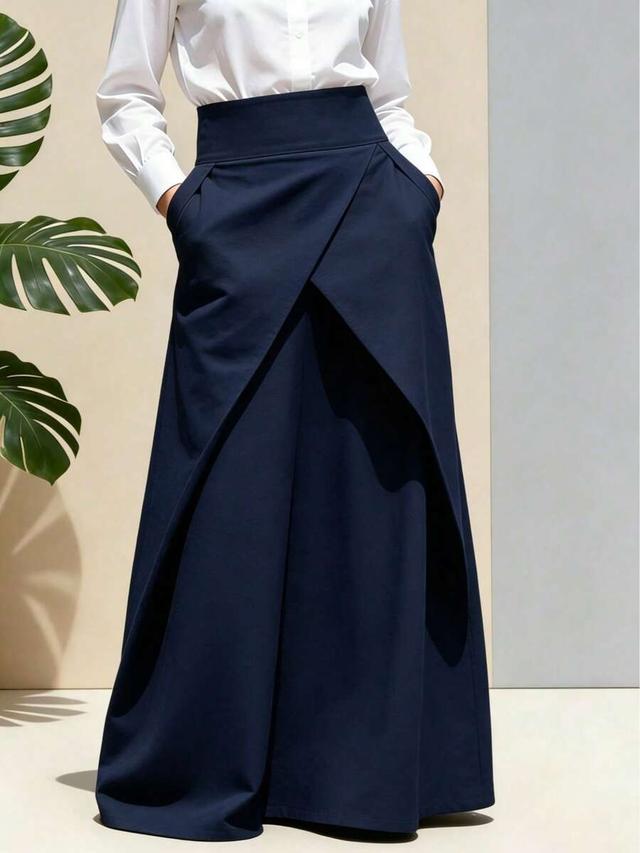 high waist asymmetrical wrap maxi skirt in navy