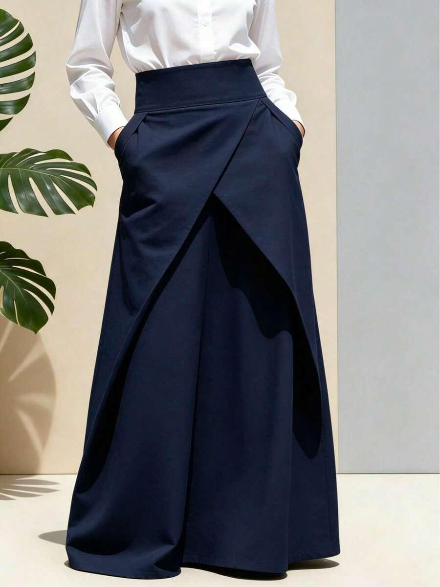 high waist asymmetrical wrap maxi skirt in navy