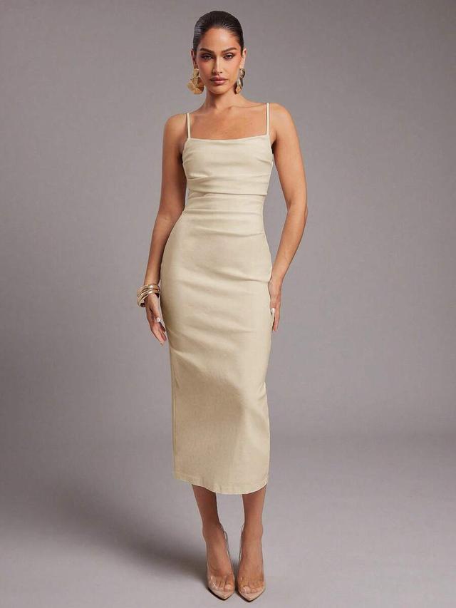 solid beige pleated fitted midi dress